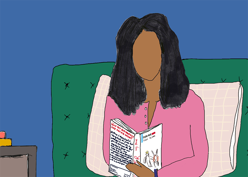 Illustration of Nat Lue having an early night while reading her vintage copy of Judy Blume's Forever