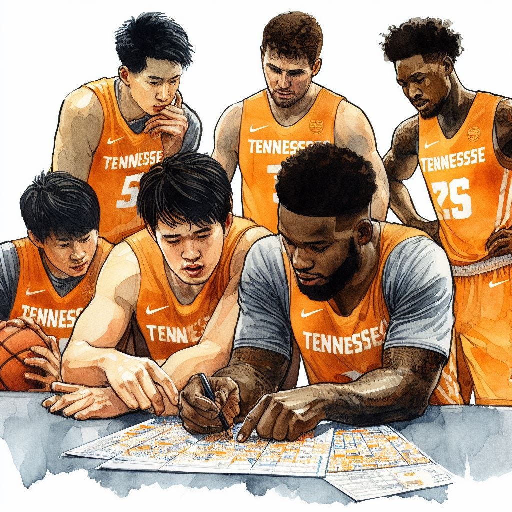 Tennessee Volunteers basketball players working together on a schedule, watercolor