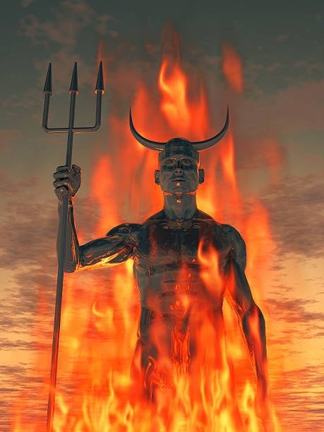 the devil /satan with trident in the fire - satan stock pictures, royalty-free photos & images