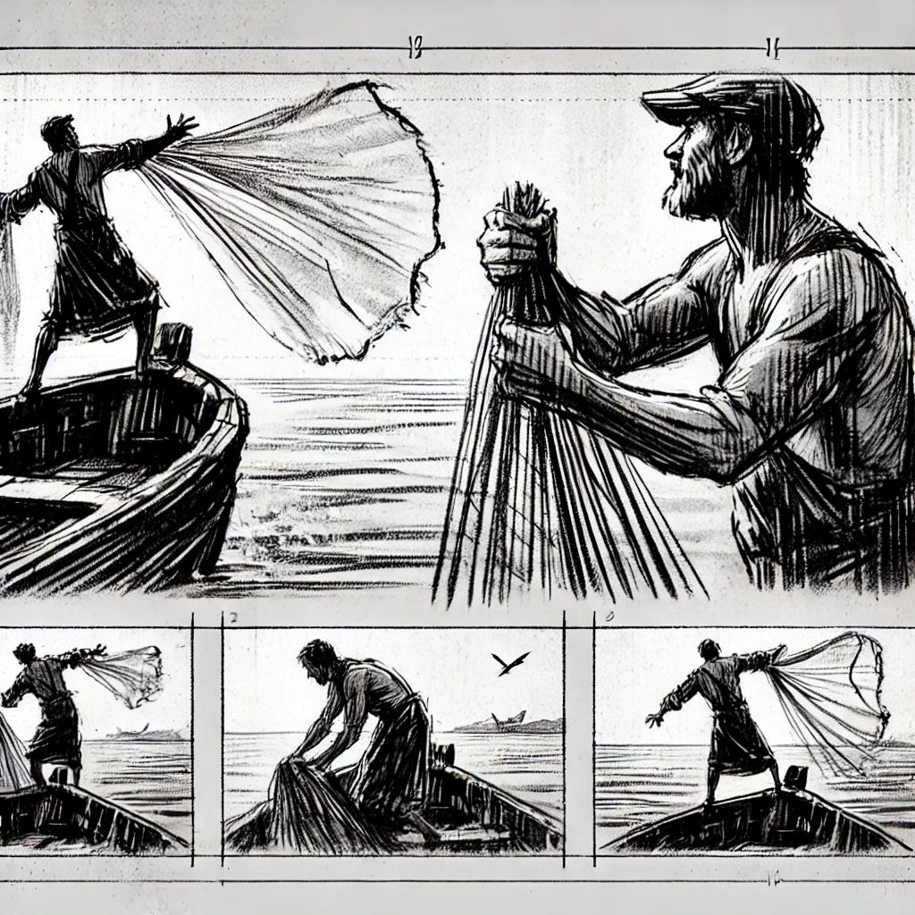 A raw, sketchbook-style black and white storyboard panel of two fishermen (Peter and Andrew) casting their nets into the sea. The scene has a rough, pencil or ink-drawn feel, with expressive lines and minimal detail. One man stands on the edge of a wooden boat, muscles tensed, throwing a fishing net into the water. The other is preparing another net. The background features gentle waves and a distant shoreline. The overall tone is reflective and grounded, capturing an ordinary moment before a divine encounter.