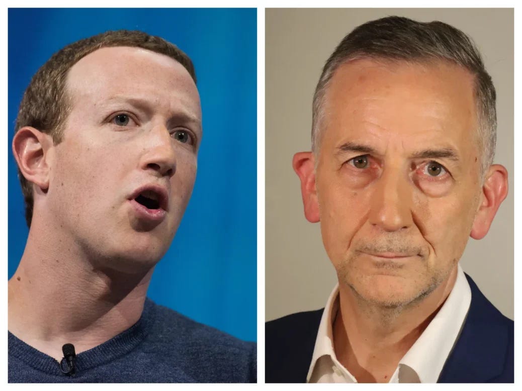 Meta chief executive Mark Zuckerberg (left) is pictured in a montage next to Full Fact chief executive Chris Morris (right), illustrating a story about Morris' criticism of Meta's decision to end its third-party fact-checking programme, of which Full Fact is a member.