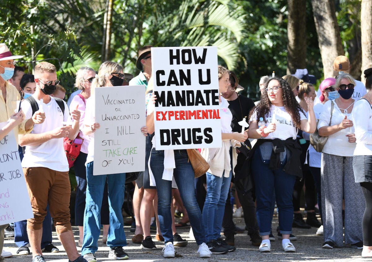 Protesters Rally Against Mandatory COVID-19 Vaccinations For Workers In Brisbane