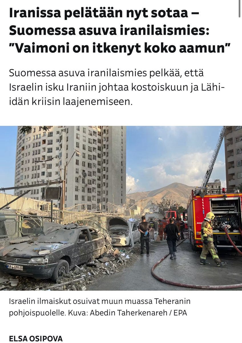 Yleisradion Elsa Osipovan (venäläistaustainen) propagandaluonteisessa jutussa haastatellaan Iranin hirmuhallitukseen kytköksissä olevia islamistisia iranilaisia hybridivaikuttajia, joiden avulla pyritään luomaan mielikuva, että “Israel olisi iskenyt siviilikohteisiin”. Yleisradion Elsa Osipovan (venäläistaustainen) propagandaluonteisessa jutussa haastatellaan Iranin hirmuhallitukseen kytköksissä olevia islamistisia iranilaisia hybridivaikuttajia, joiden avulla pyritään luomaan mielikuva, että “Israel olisi iskenyt siviilikohteisiin”.