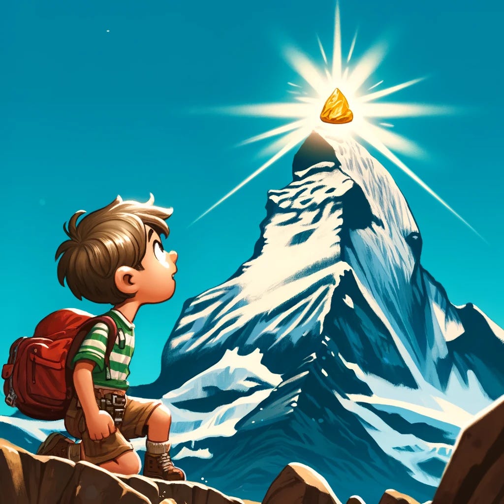 A cartoon-style illustration of a young boy at the foot of the Matterhorn mountain, gazing upwards at a great treasure at the summit. The boy is dressed in mountain climbing gear, with a look of determination and wonder. The treasure glows brilliantly, suggesting it's something magical or precious. The background features the iconic, jagged profile of the Matterhorn, under a clear blue sky.