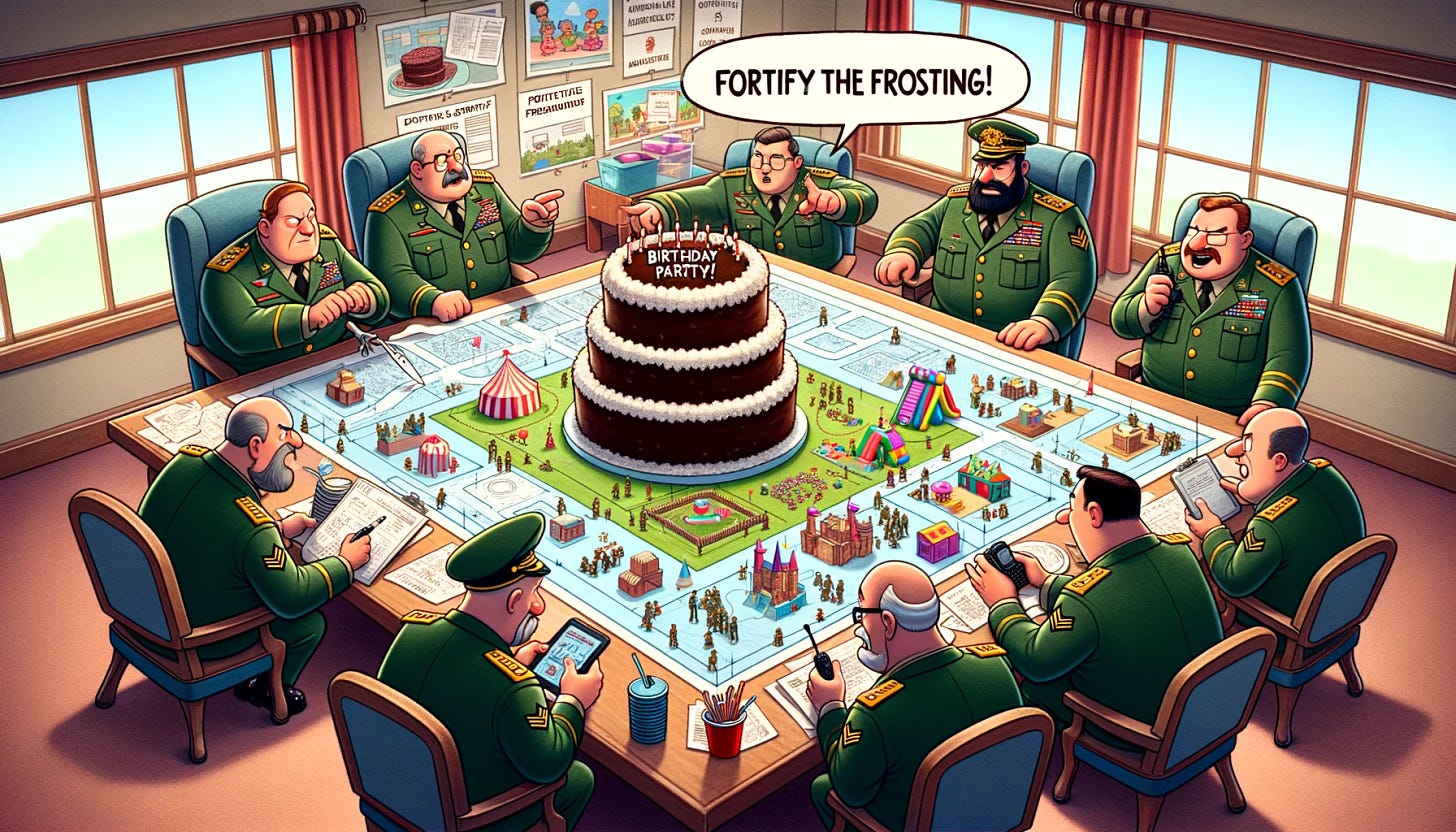 Wide cartoon illustration: Group of generals are meticulously planning a child's birthday party in a military HQ setting. They are gathered around a large table covered with plans and maps of a party layout and a giant chocolate birthday cake in the middle. One animated general, pointing decisively at the cake and saying "Fortify the frosting!" The map displays various party elements like a bouncy castle, game stations, and a large birthday cake. Other generals are engaged in discussions, with one looking at a blueprint of a cake, and another coordinating with party entertainers via walkie-talkie. The room is filled with birthday party decorations, giving a stark contrast to the military demeanor of the characters.