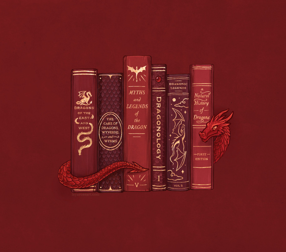 Illustration of 6 book spines, with a little red dragon curled around them. The books are various shades of red, all with gold on the spines reading: Dragons of the eats and west, the care of dragons, wyverns, and wyrms, myths and legends of the dragon, dragonology, drakonic legends, and a natural history of dragons (first edition).