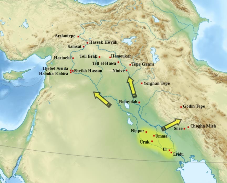 Uruk expansion and colonial outposts. (c. 3600-3200 BC) (CC BY-SA 3.0)