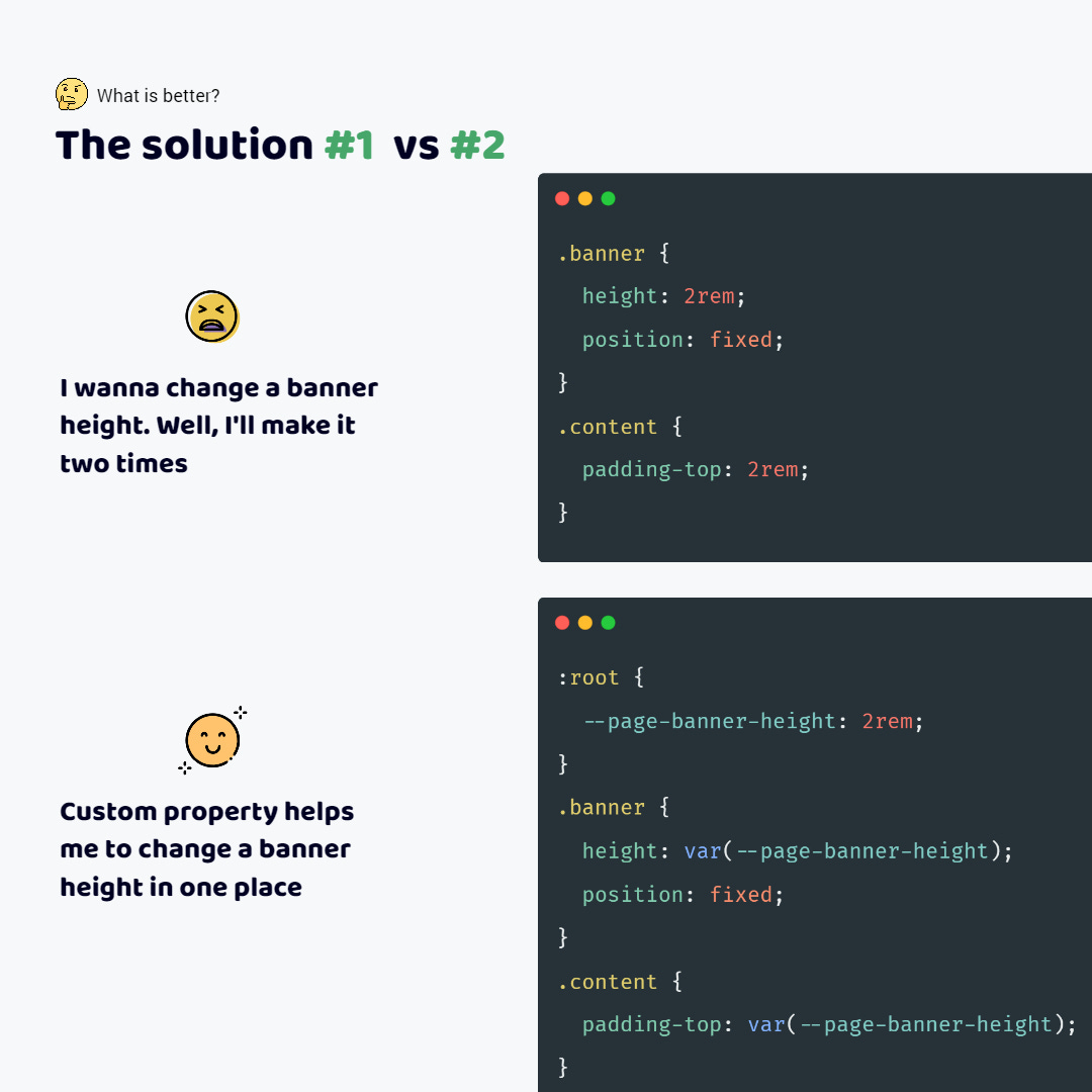 A wrong code. I define 2rem for the height of the element #1 and padding of an element #2. A correct code. I define 2rem for a custom property. Next I use this custom property for the height of the element #1 and padding of the element #2