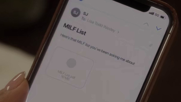 Close-up of phone showing email with the subject 'MILF list' and text 'Here's that MILF list you've been asking me about', with the MILF List PDF attached