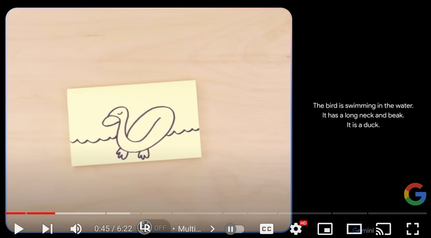 A screengrab from the Gemini introduction video. On the left, a yellow post-it note with a Sharpie line drawing of a duck. On the right, Gemini's response: "The bird is swimming in the water. It has a long neck and beak. It is a duck."