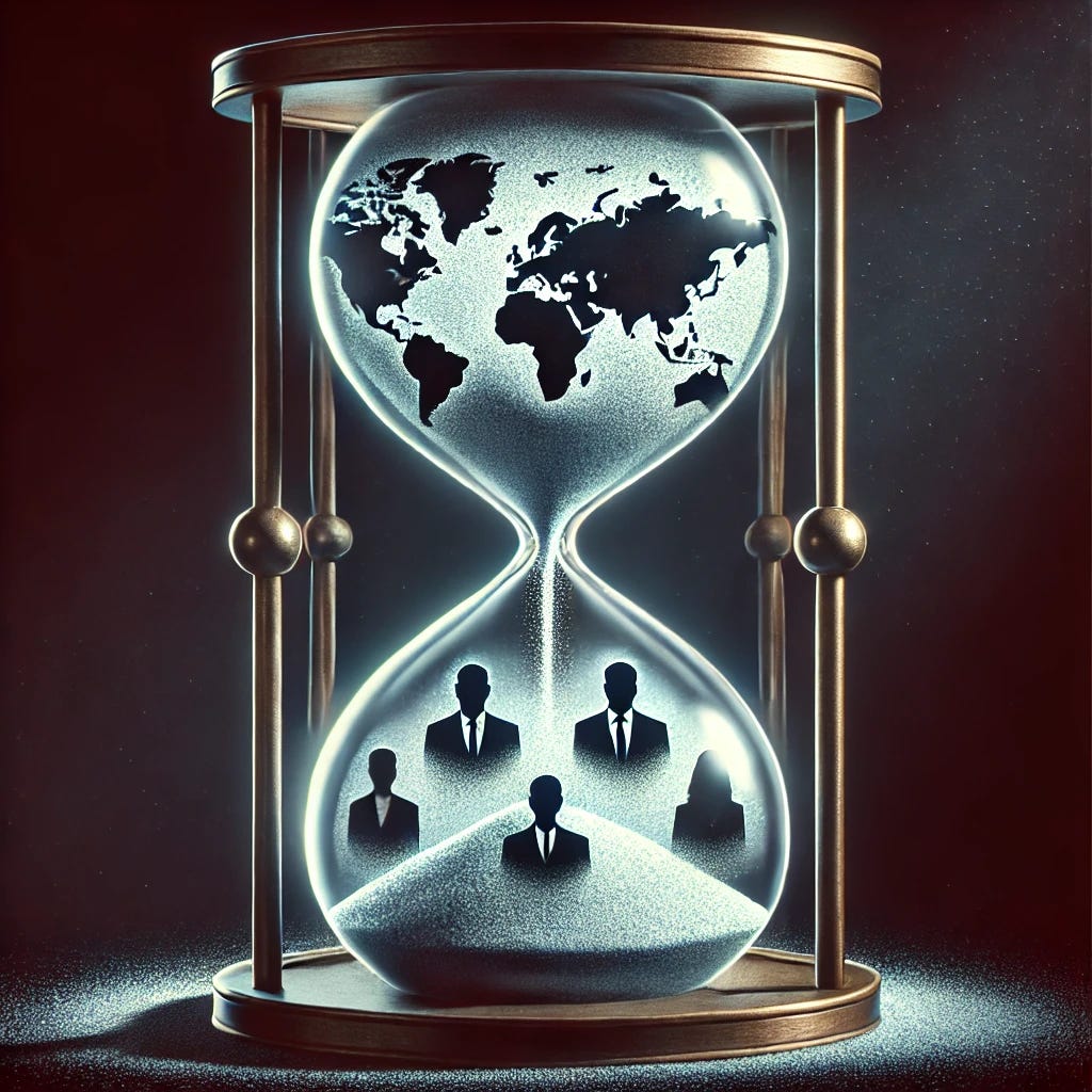 A symbolic digital illustration of an hourglass with sand running low. Inside the hourglass, silhouettes of generic world leaders are subtly embedded within the grains of sand, representing their race against time. The background is dark and dramatic, emphasizing urgency and global tension. The image is conceptual and abstract, evoking themes of geopolitics and strategic maneuvering.