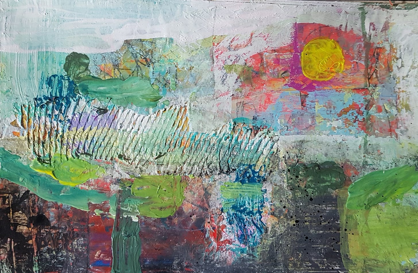 Sketchbook painting with layers of collage and acrylic paint by Julia Laing 2023