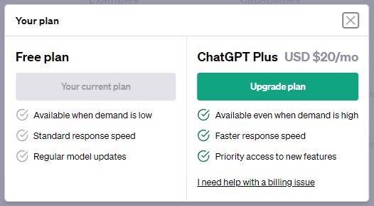 ChatGPT Free vs. Plus plan overview