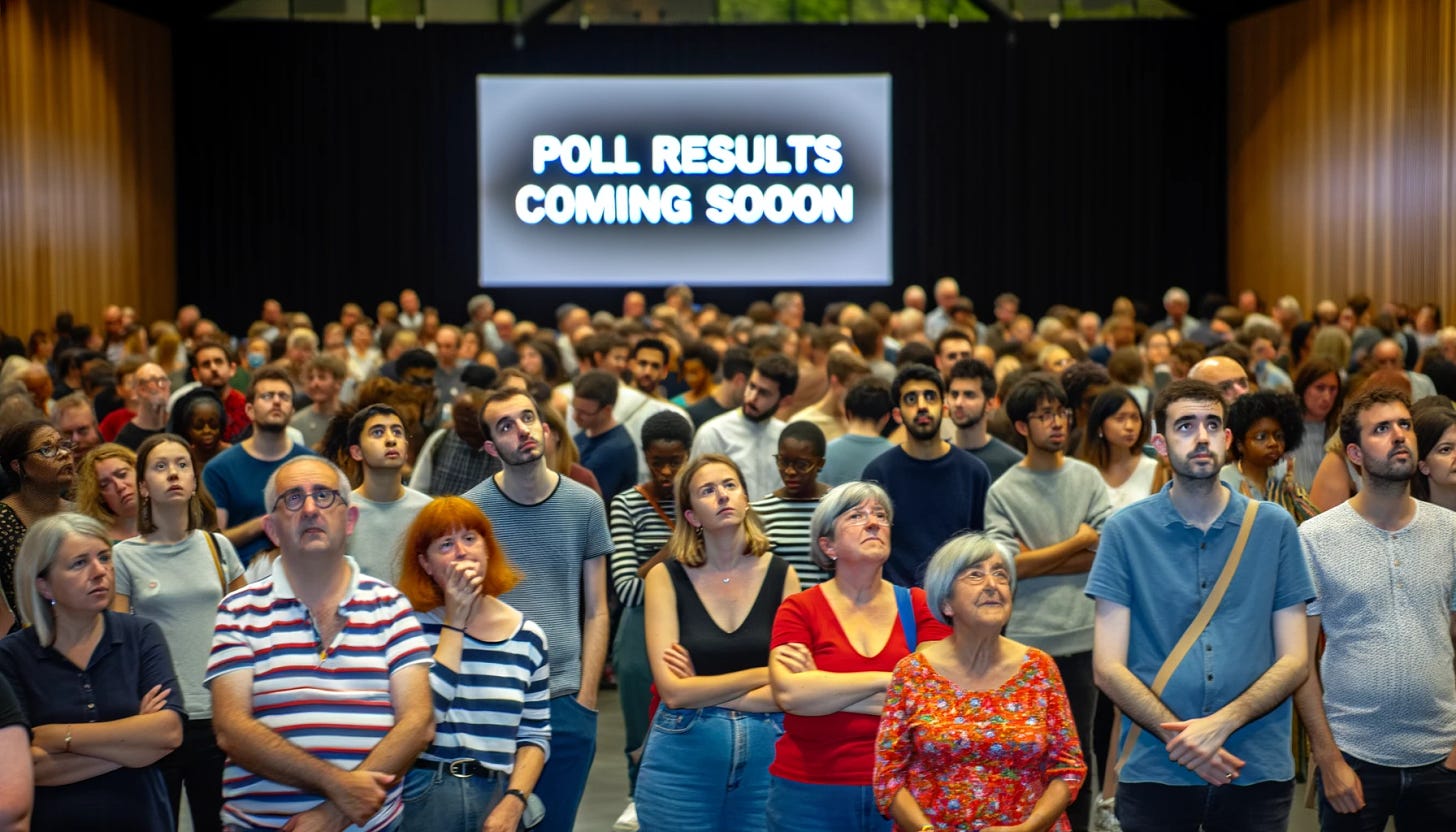 A diverse group of people of various ages and backgrounds standing anxiously in a large hall, looking attentively at a large screen displaying the words 'Poll Results Coming Soon.' Some individuals are holding signs with phrases like 'Vote for Change' and 'Regulation Matters.' The atmosphere is filled with anticipation and a mixture of hope and concern. The setting is in a public, indoor space with ample lighting, and there's a visible sense of community and civic engagement among the crowd.