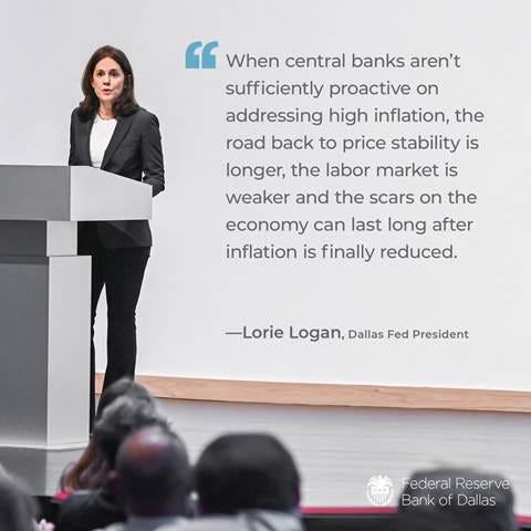 Twitter \ Dallas Fed على تويتر: "In a speech delivered at @PVAMU, Dallas Fed  President Lorie Logan discussed the importance of continuing to increase  the federal funds rate until inflation is on