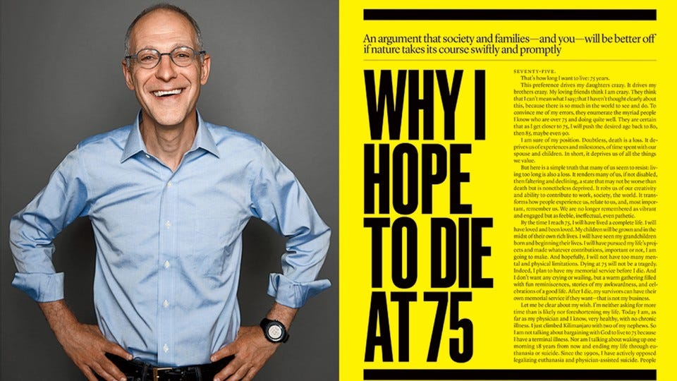 a spread of The Atlantic featuring a photo of a smiling Zeke Emanuel on the left and an article titled "Why I hope to die at 75" on the right