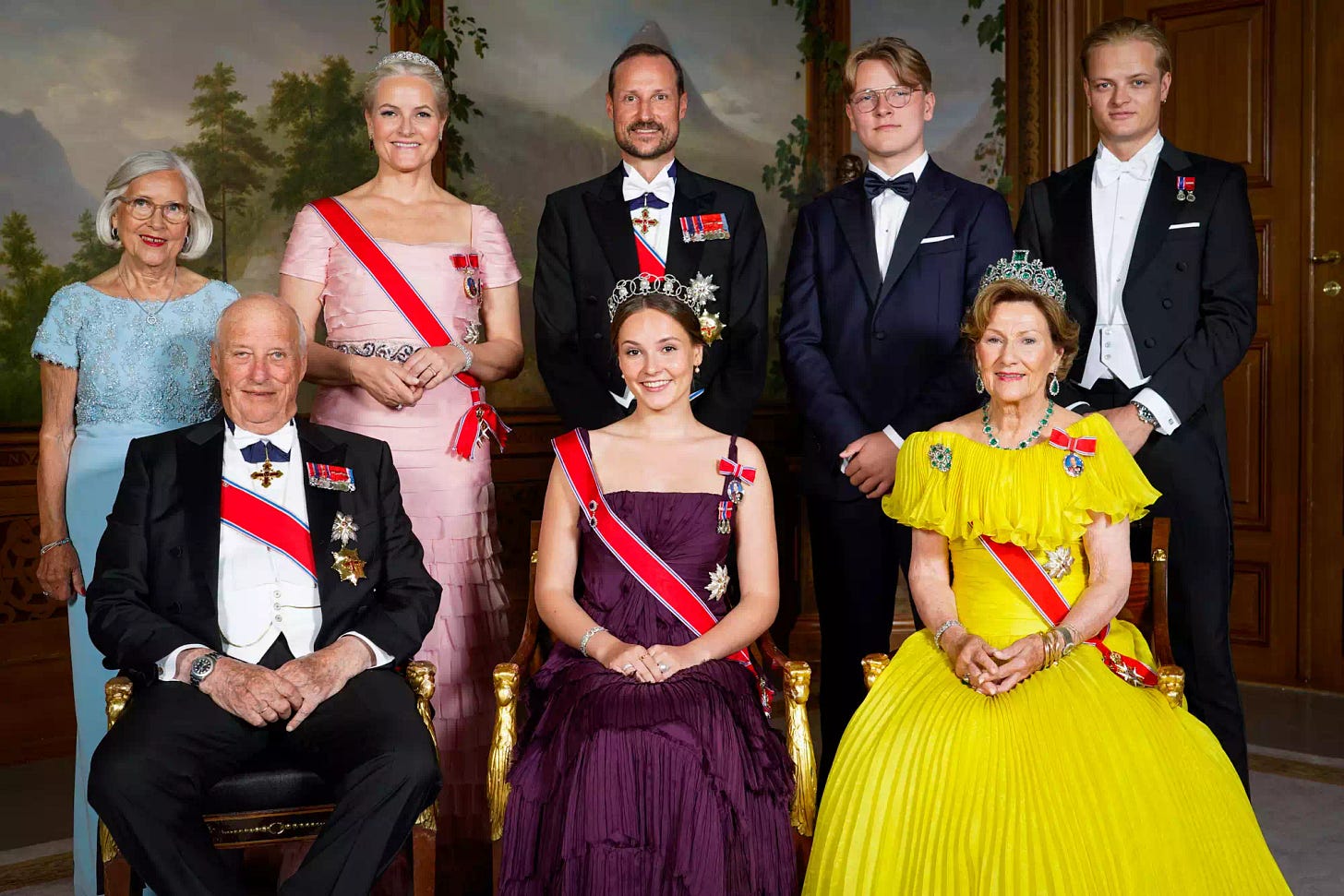 Norway's Princess Ingrid Alexandra (front C) poses for a family photo with (front L and R) Norway's King Harald V and Norway's Queen Sonja and (back LtoR) Marit Tjessem, Norway's Crown Princess Mette-Marit, Norway's Crown Prince Haakon, Norway's Prince Sverre Magnus and Marius Borg Hoiby on the occasion of a gala dinner for her 18th birthday in Oslo on June 17, 2022. Princess Ingrid Alexandra turned 18 on January 21, 2022. 