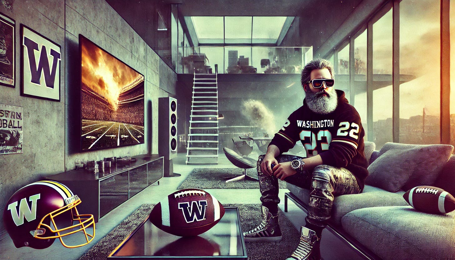 A futuristic middle-aged man with a full beard, now wearing cool sunglasses and hip streetwear, sitting comfortably in a slick, ultra-modern home with minimalist design. The home features clean lines, large windows, and a monochromatic color scheme with sleek materials like glass, metal, and marble. The image has a nostalgic, grainy 1970s Polaroid look despite the modern setting. The Washington football team memorabilia, including a team flag, helmet, and jersey, are displayed around the room. Outside, a chaotic scene with stormy skies and swirling debris can be seen through the large windows. The man remains calm, collected, and cool, watching football on a modern flat-screen TV.