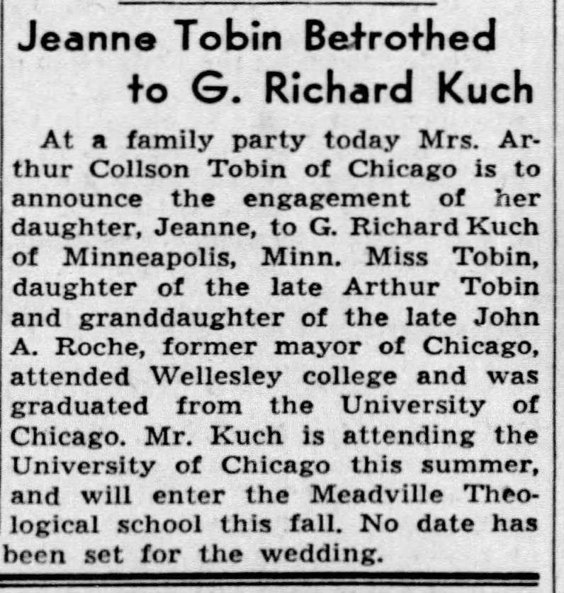 engagement announcement for Jeanne Tobin and G. Richard Kuch