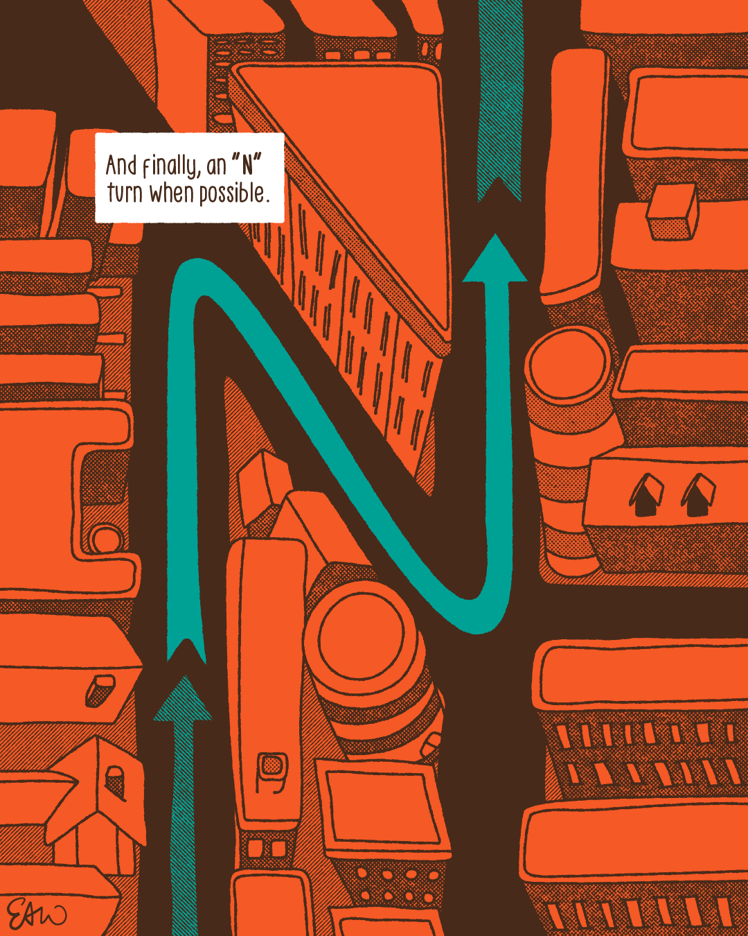 Cartoonish arrows trace the shape of the letter N over a top-view illustration of a street scape. The caption reads, And finally, do an N turn when possible.