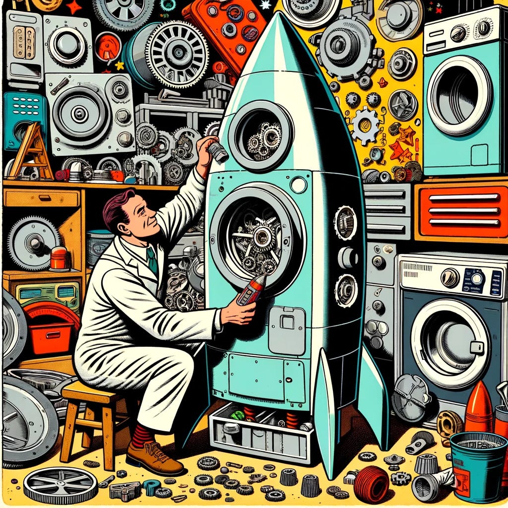 A clipart-style drawing of a rocket scientist who is building a rocket out of washing machine parts, matching the style of the previously generated vintage comic images. The scientist is engaged in assembling various components, with gears, buttons, and panels from washing machines being repurposed into a makeshift rocket. The dominant colors of the image should be #FFBC52 and #001426, creating a bold and striking visual. The setting is a workshop or a garage, filled with tools and spare parts, and the scientist is depicted with a focused and inventive demeanor.