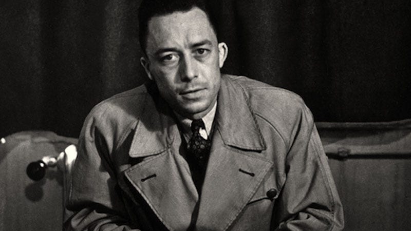 Black and white photo of Albert Camus