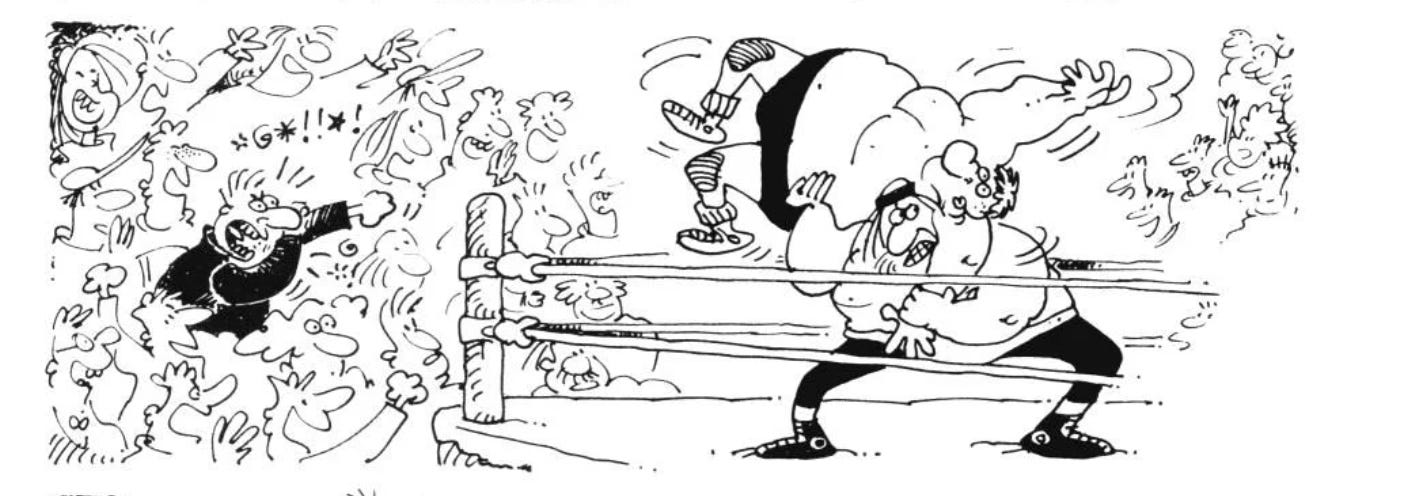 An image of one of Serigo Aragoné's comics from MAAD magazine depicting a man yelling at two wrestlers. 