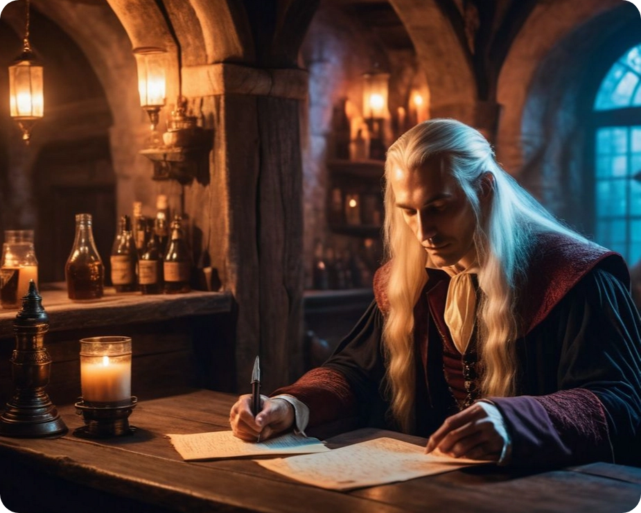 A wise vampire with pale long hair writes a letter in a fantasy tavern. Probably something pulp.