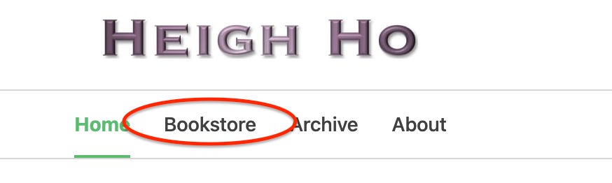 Screenshot of Heigh Ho homepage menu, with "Bookstore" circled in red.