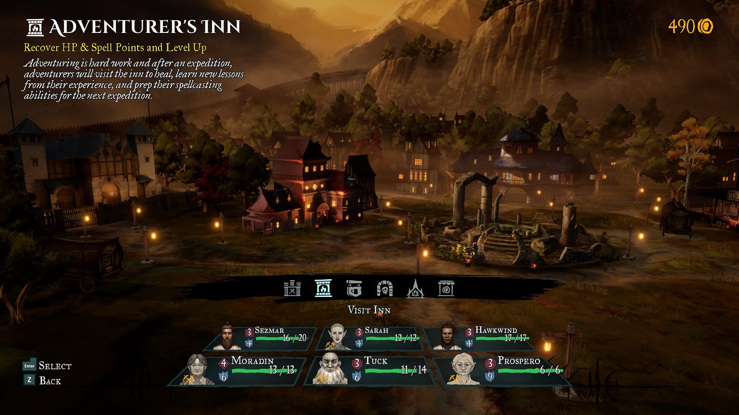 A screenshot of the game Wizardry: Proving Grounds of the Mad Overlord showing the town at dusk.