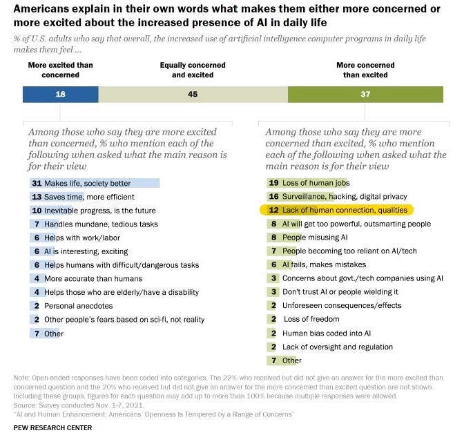 Pew Research table listing the top concerns of Americans who are concerned about the increased presence of AI in daily life.