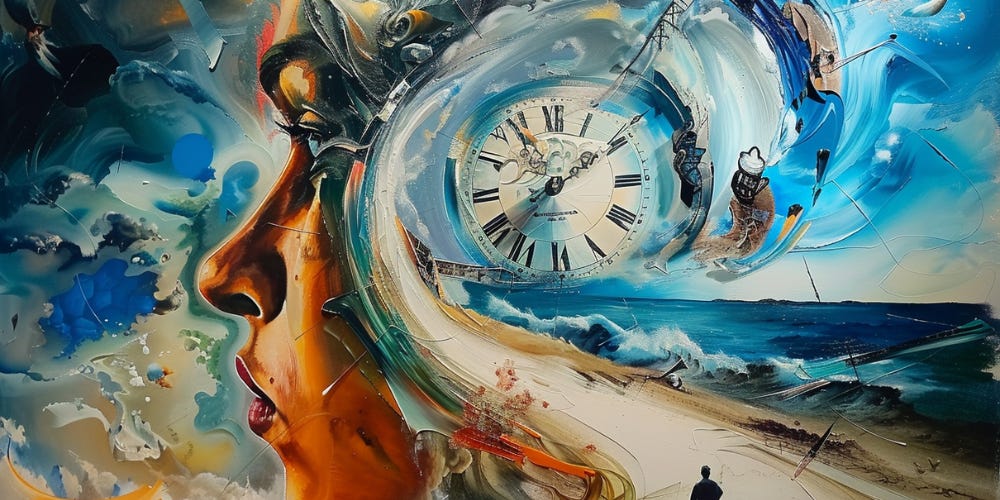 An abstract image of the profile of a woman's face. Within her head is an ocean wave enveloping a clock face and it all appears to be melting into a distorted beach scene. It evokes a contemplation of the relationship between time and experience as it exists within this woman's mind.