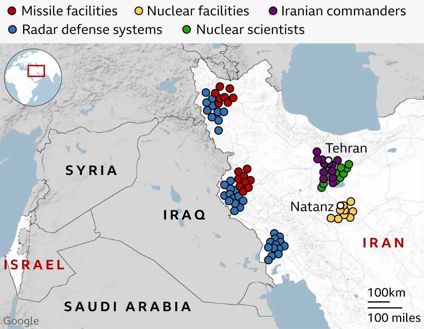 May be an image of map and text that says "Missile facilities Nuclear facilities Iranian commanders Radar defense systems Nuclear scientists SYRIA Tehran IRAQ Natanz ISRAEL IRAN Google SAUDIARABIA ARABIA SAUDI 100km 100 100miles miles"