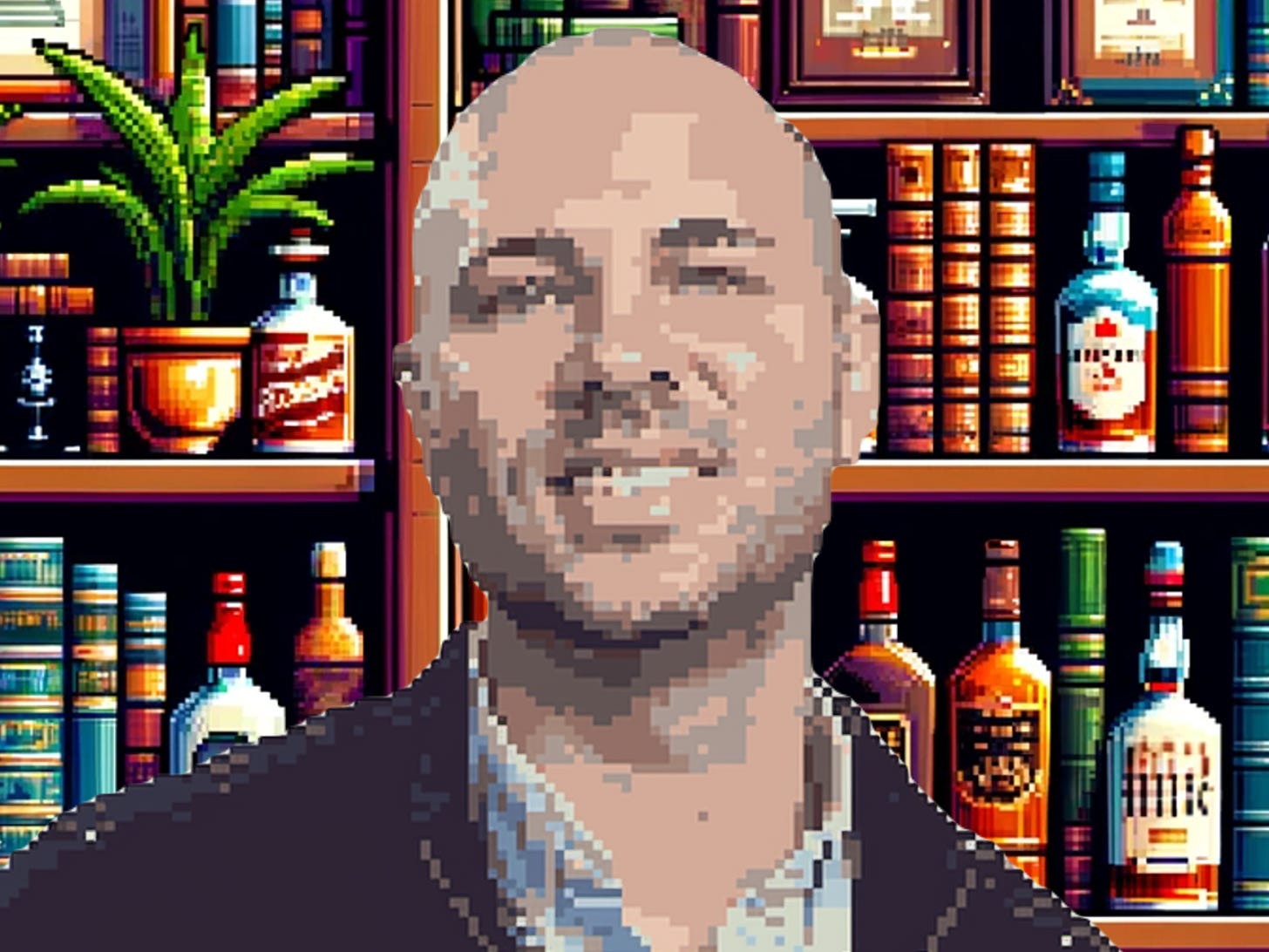 Pixelart image of Man of Many co-founder Scott Purcell with books and whisky bottles behind him. 