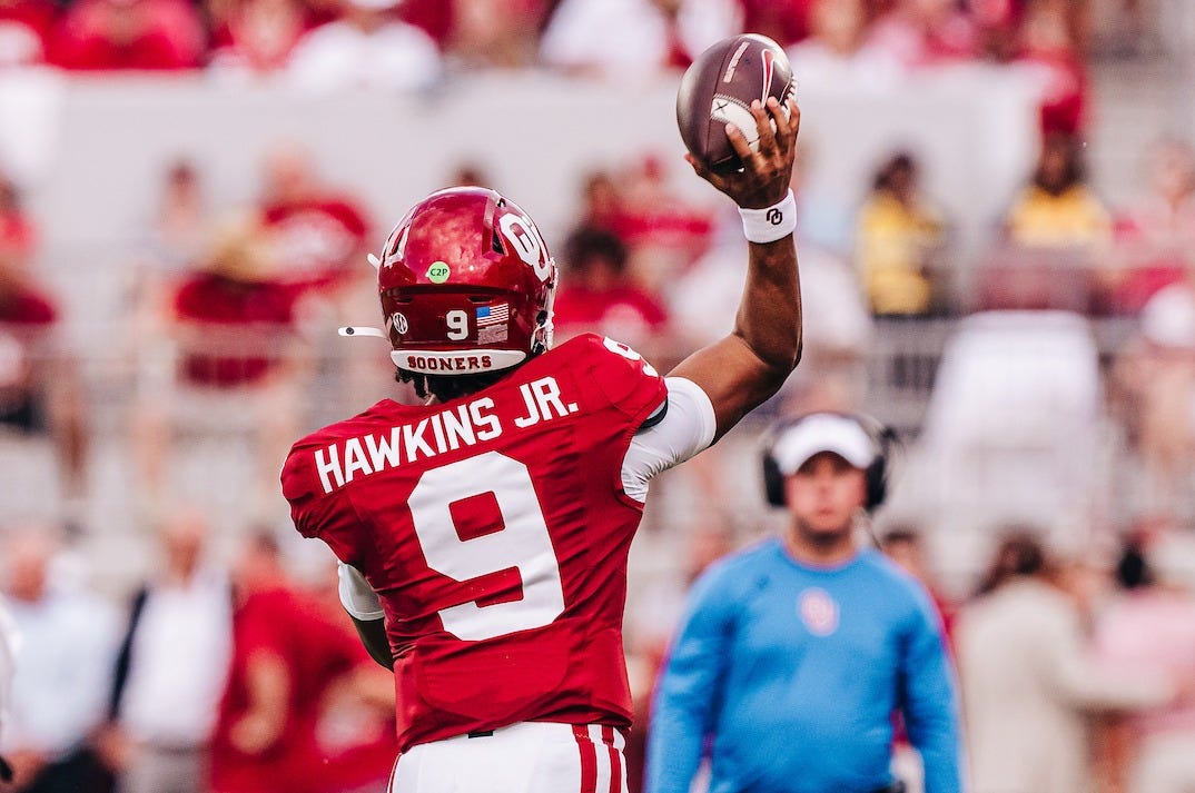 Photo of OU quarterback Michael Hawkins throwing