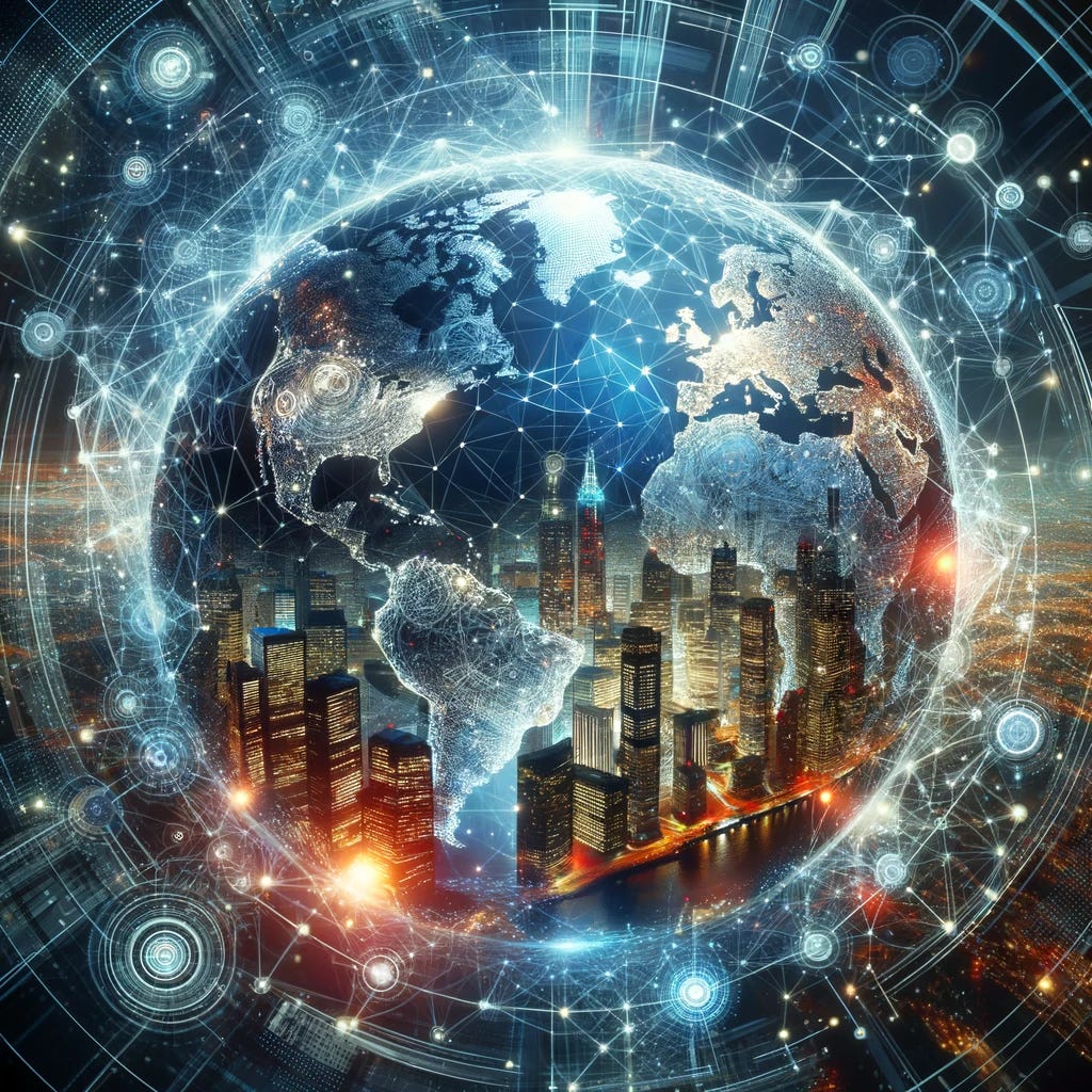 A dynamic image capturing the essence of AI's impact on the global macroeconomy. Envision a globe encircled by digital neural networks, symbolizing AI's pervasive influence across continents. Key landmarks, such as financial districts in major cities, are highlighted with glowing nodes and data streams, indicating the integration of AI in financial markets, trade, and innovation sectors. This image combines elements of technology, economy, and global connectivity, illustrating how AI is reshaping economic structures, fostering innovation, and driving efficiency at a global scale.