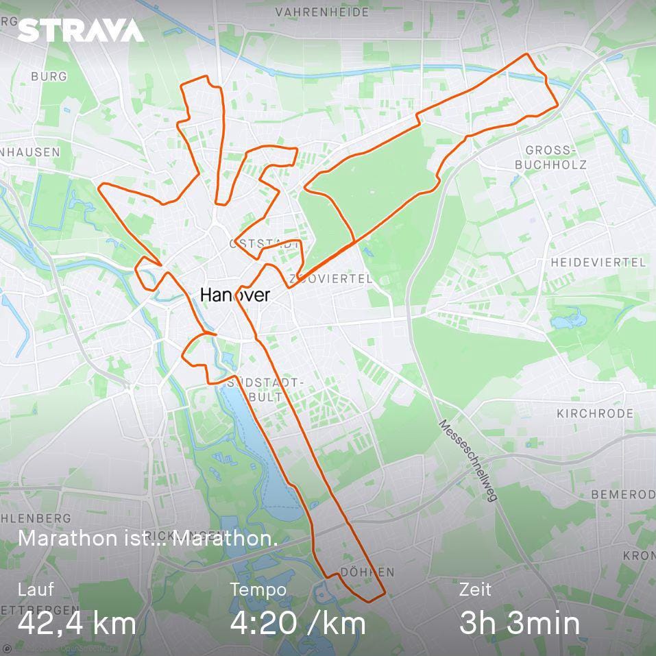 Strava screenshot of the author's Hannover Marathon result