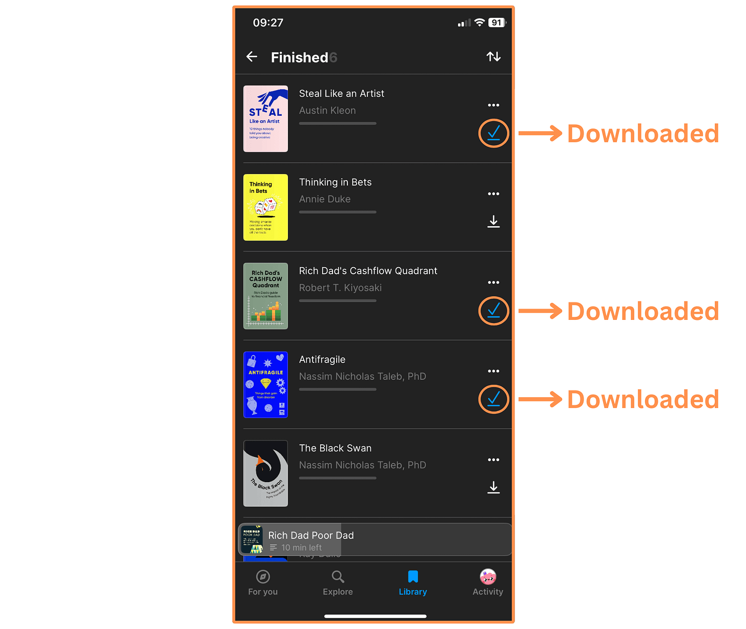 My library of finished books (dark mode)
