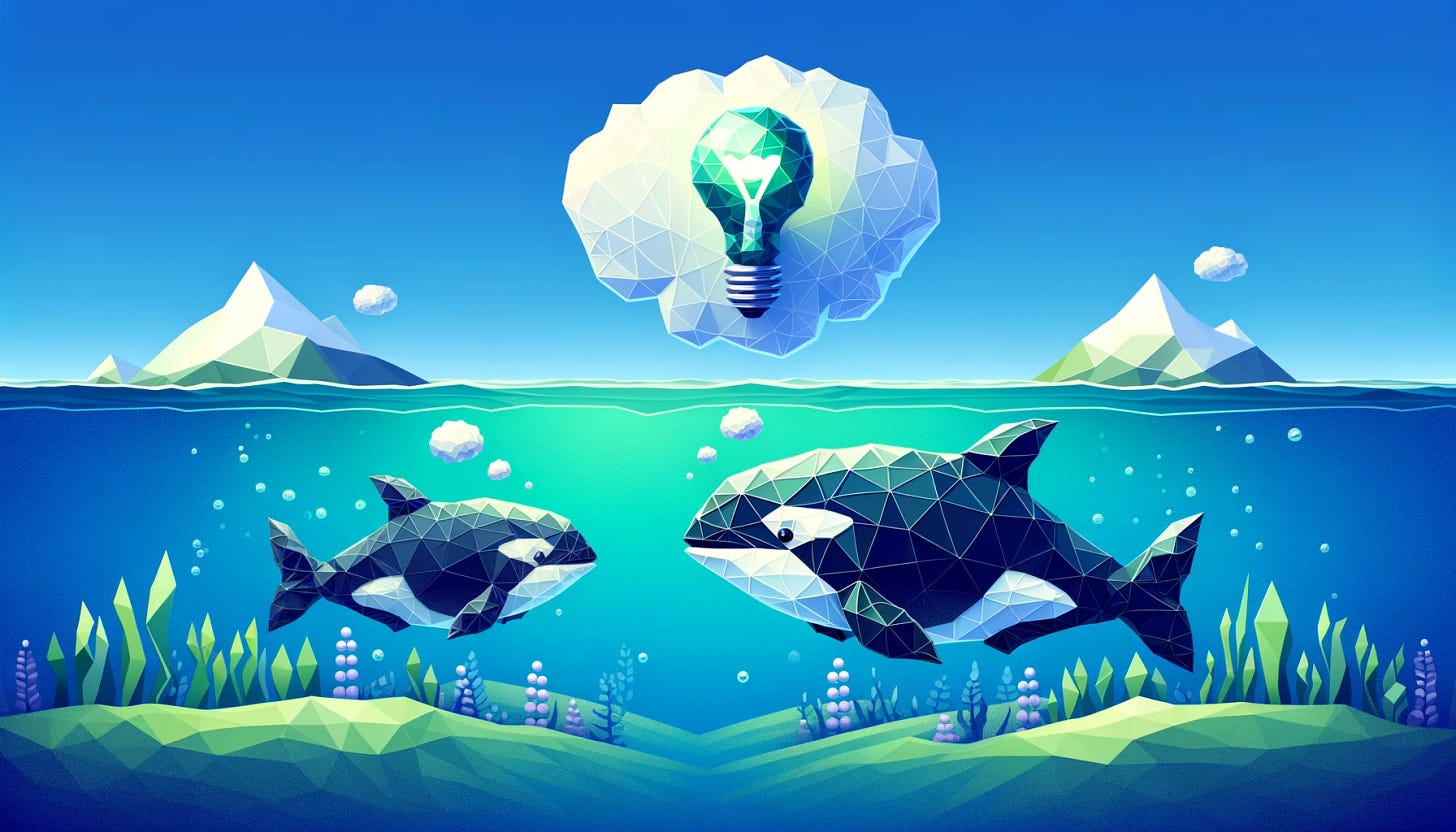 A landscape-oriented, low poly style illustration depicting two fish side by side in water. The fish on the left is small, and the fish on the right is large. The small fish has a thought bubble containing a lightbulb, symbolizing an idea. This represents the concept that the smaller Orca 2 model can match the reasoning capabilities of larger AI models through innovative training techniques. The underwater scene is stylized with low poly art, showcasing a clear distinction in size between the two fish, and the thought bubble is prominently displayed.
