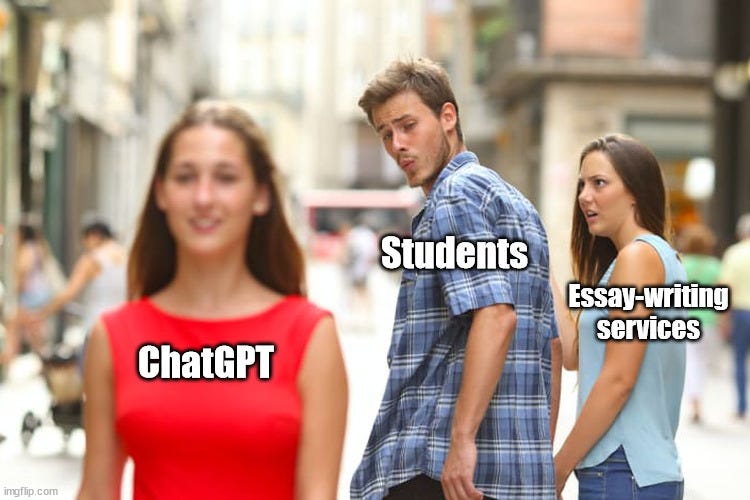 distracted boyfriend meme. Distractor text: ChatGPT. Boyfriend text: Students. Girlfriend text: Essay-writing services