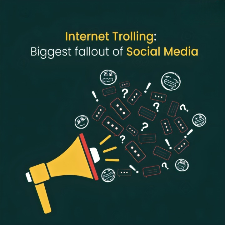 An illustration of a megaphone amplifying a chaotic mix of emojis and message bubbles, representing the impact of internet trolling as a significant consequence of social media. The title reads: "Internet Trolling: Biggest fallout of Social Media."