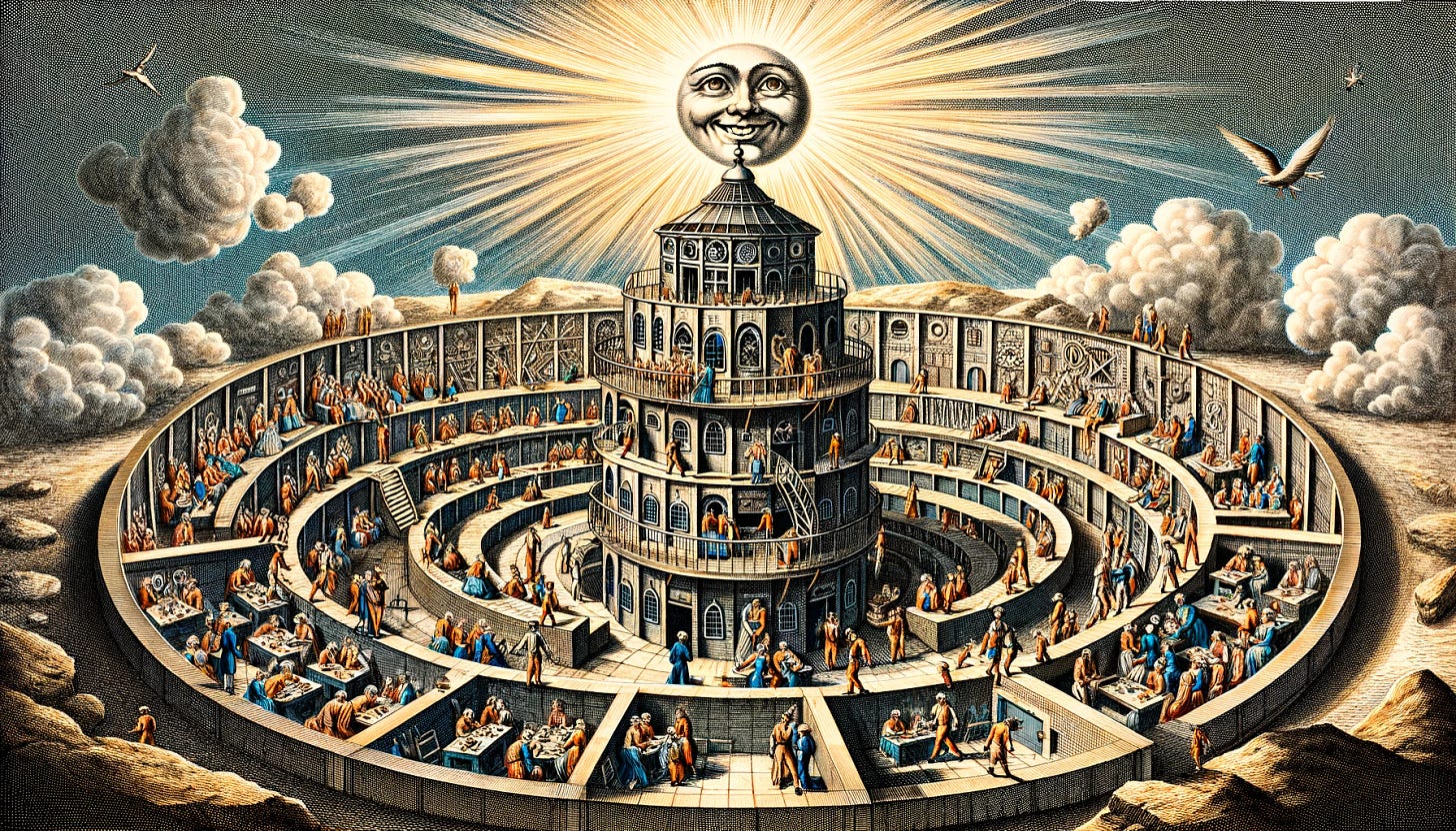 A highly detailed eighteenth-century engraving in landscape mode, illustrating an inside view of a Panopticon designed by Dr. Pangloss. The image should emphasize a utopian atmosphere, with every individual vividly and happily engaged in a variety of intricate and productive activities. The radial structure of the Panopticon, surrounding a central observation tower, should be richly detailed, showing the unique characteristics of each individual cell or room. Above, a smiling sun beams radiantly, illuminating every corner of the scene with its joyous light. The style should reflect the complex and meticulous line work typical of detailed engravings from that era.