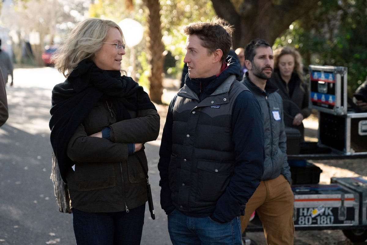 jamie lee curtis with david gordon green on halloween set