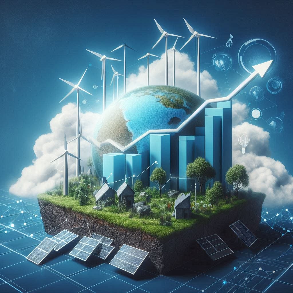Una imagen que represente a las energías renovables creciendo y siendo cada vez más rentables e importantes. Podría incluir elementos como paneles solares y turbinas eólicas en expansión, con un gráfico ascendente que simbolice su rentabilidad.