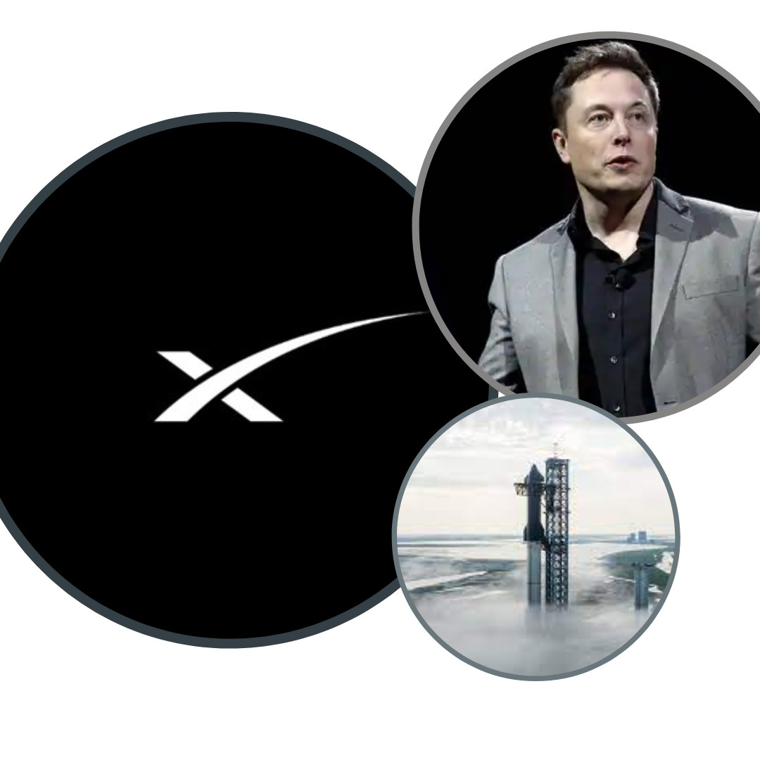 Logo de SpaceX, foto de Elon Musk, foto de la Starship.