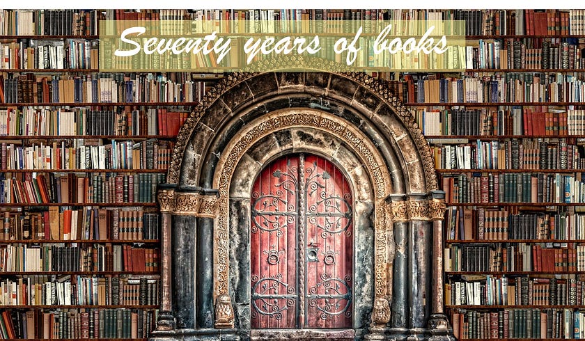 Arched doorway set into bookshelves filled with books. The words "Seventy years of books" are written across the top.
