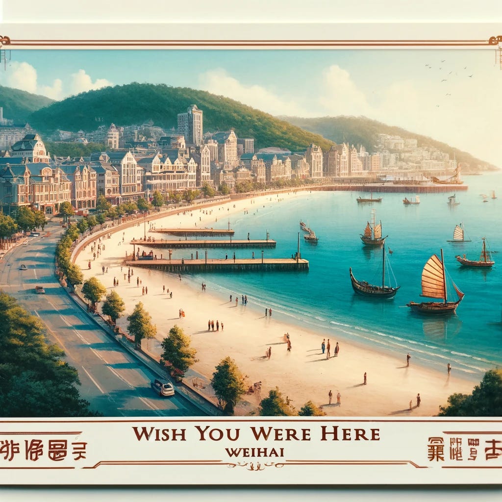 A postcard from Weihai, capturing the essence of this beautiful coastal city in China. The image showcases the serene beauty of Weihai's shoreline, with its clear blue waters and clean, sandy beaches. The foreground features the city's famous waterfront promenade, inviting for a peaceful walk, while traditional sailboats gently float in the harbor. The backdrop is a panoramic view of Weihai, with its modern buildings and lush green hills, symbolizing the harmony between urban development and natural beauty. 'Wish You Were Here - Weihai' is elegantly scripted across the bottom of the postcard, making it a perfect memento or greeting.