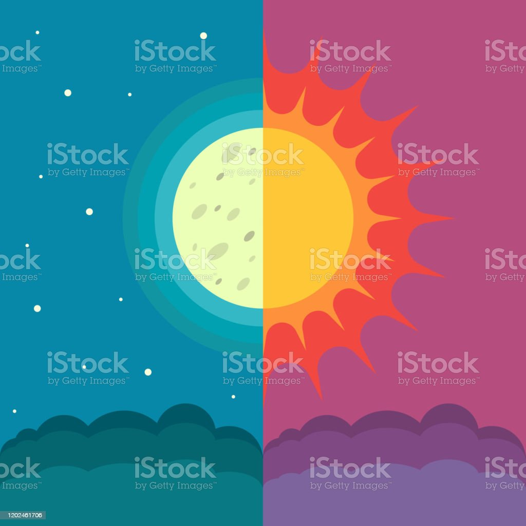 The Sun and The Moon on dual composition as concept of spring and autumn equinox The Sun and The Moon on dual composition as concept of spring and autumn equinox. Annual seasonal natural phenomenon in march and september Autumn Equinox stock vector