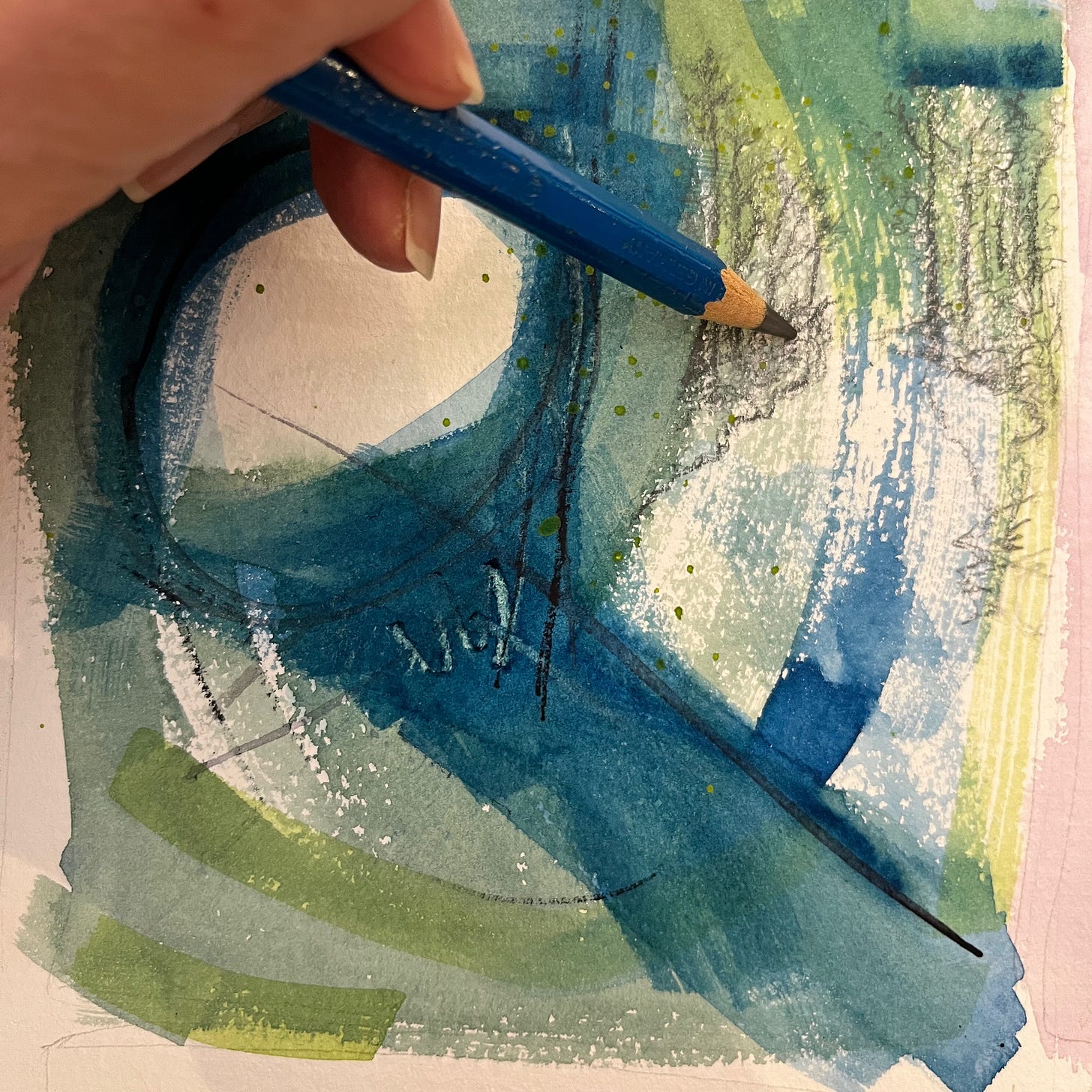 image: abstract watercolour painting, Planted by Streams of Living Water. With expressive brushstrokes of deep blue, greens and pencil line drawing of trees by the river. By Melinda Yeoh Art.