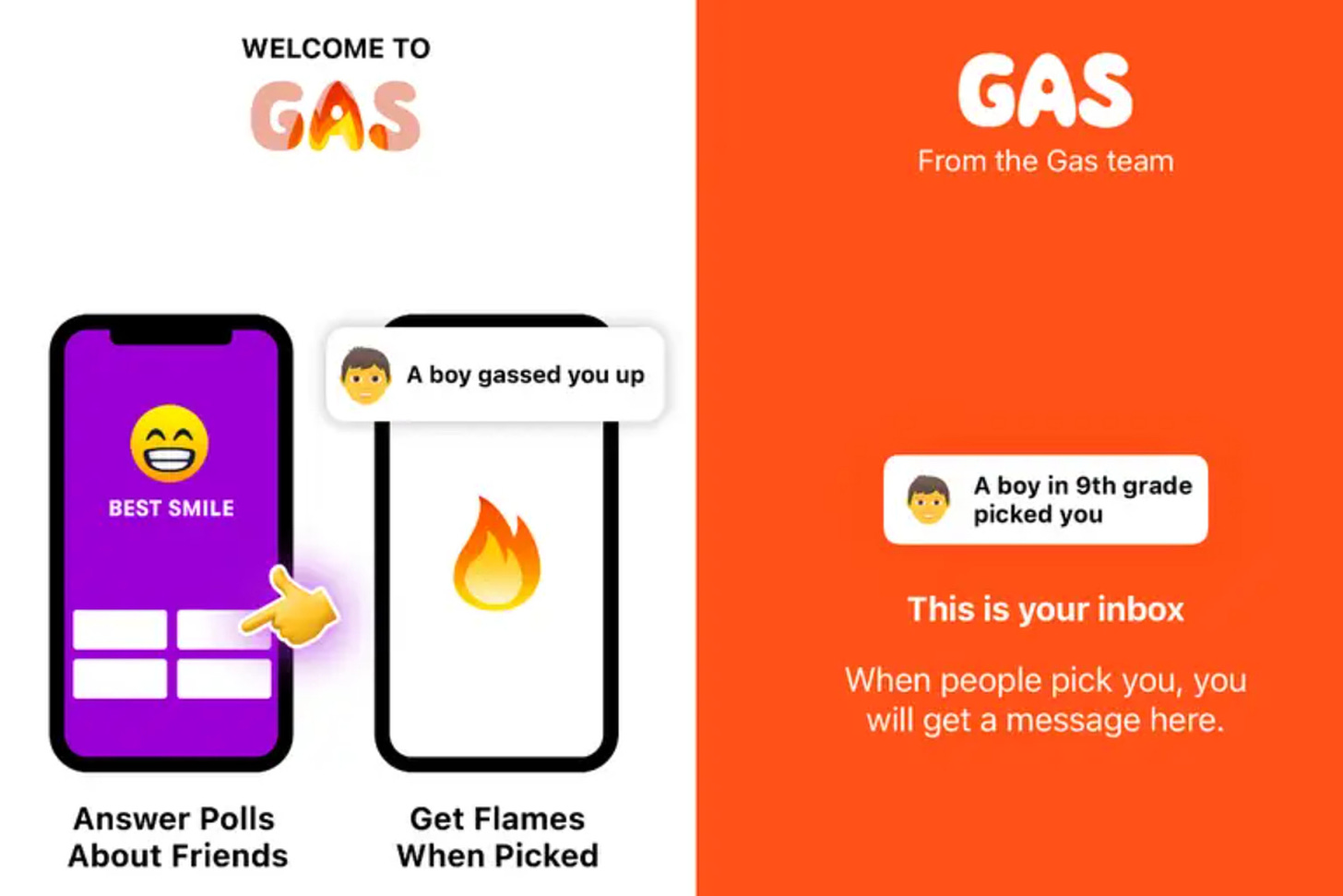 Screenshots of the gas app showing polls and compliments between friends